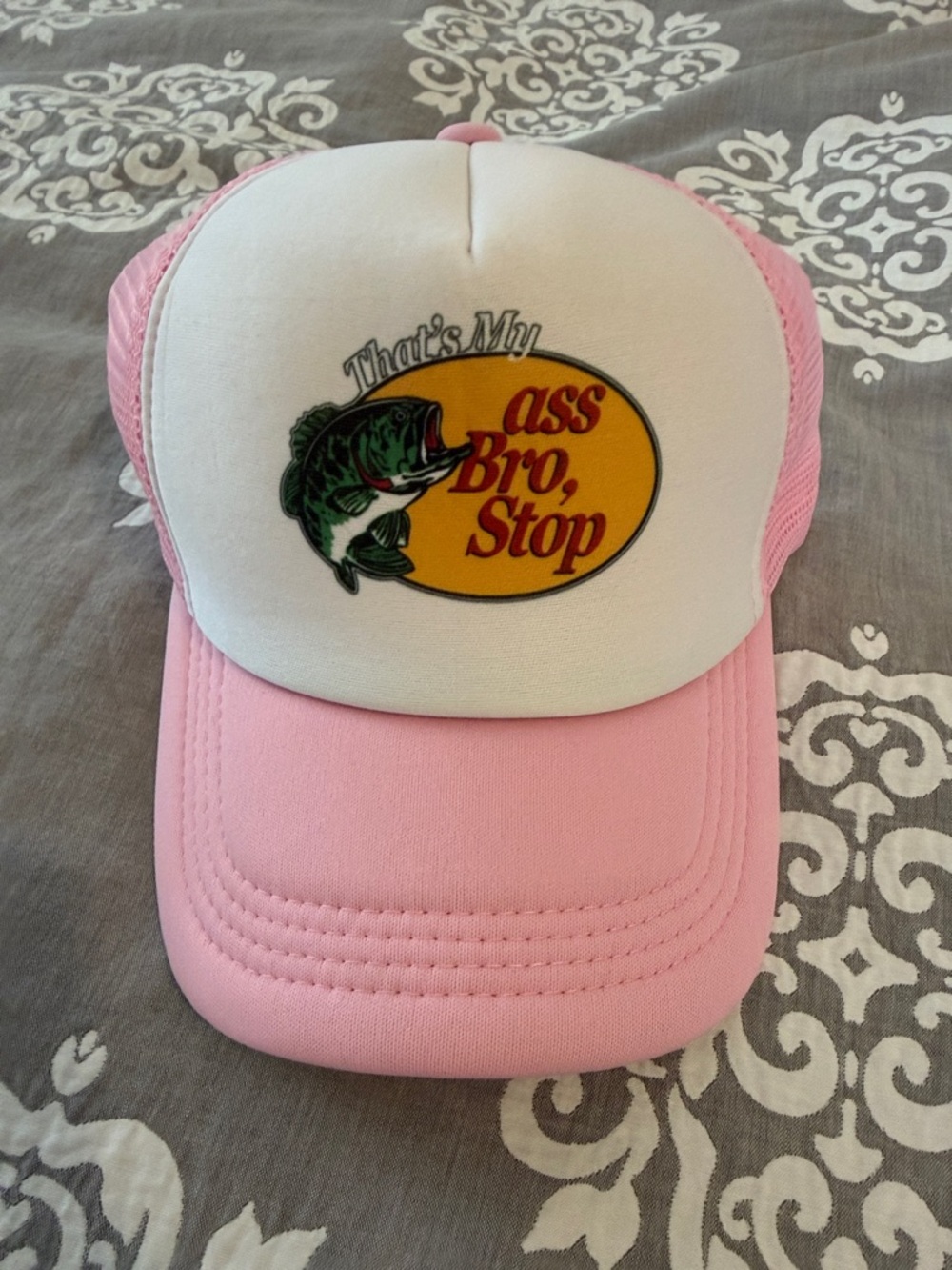 Bass Pro Shops Pink and White Trucker Hat with Fish Logo